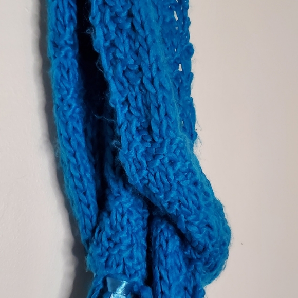 Cerulean Blue Blocked Knit Scarf with Ribbons and Angora Rabbit Hair Puffs - Picture 9 of 11